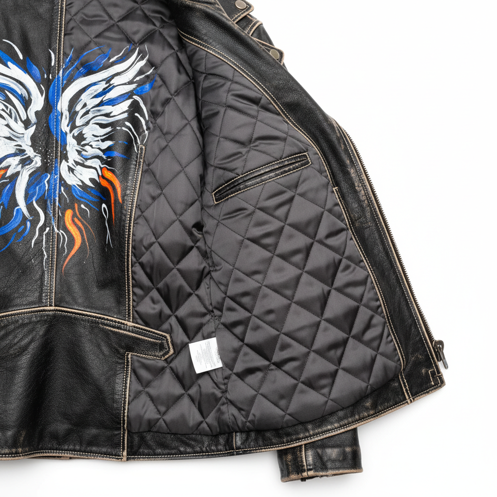 Hand-painted black leather motorcycle jacket with bold signature design artwork, interior detail shot showing quilted lining, stitching quality, and construction details