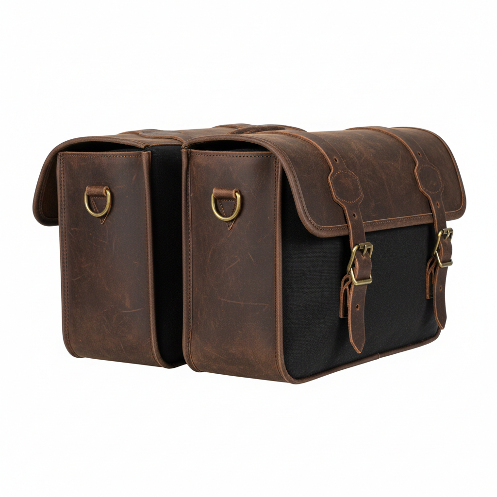 Unbranded leather and canvas motorcycle panniers, side view on white background