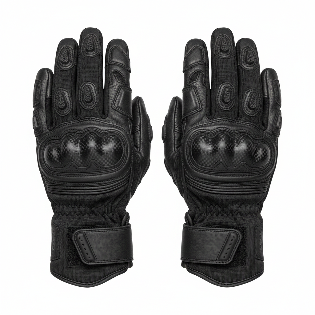 Plain black motorcycle racing gloves, rear view on white background