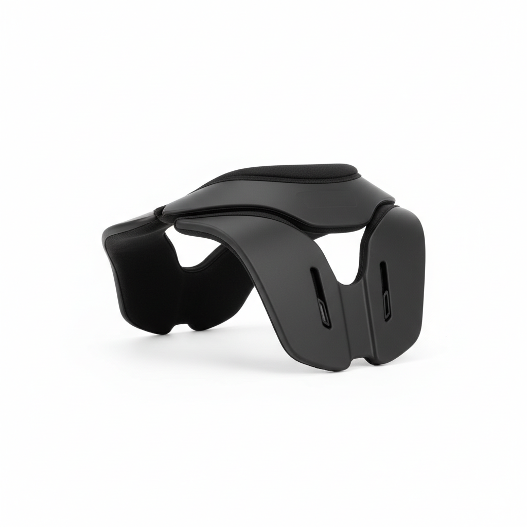 Plain black motorcycle neck brace and collar protector, three-quarter rear view on white background