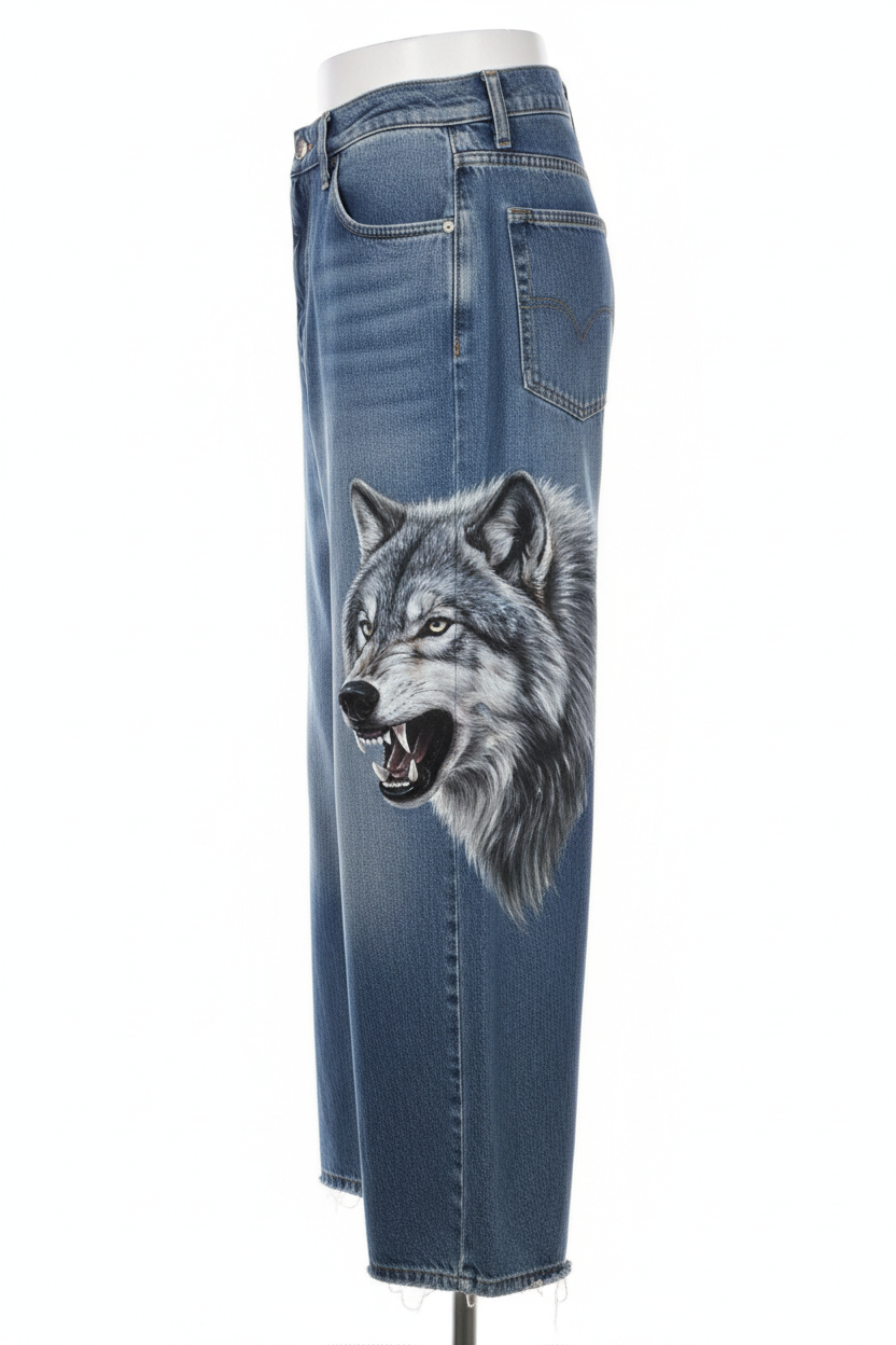 Hand-Painted Baggy Jeans Signature Design - Wolf Side View