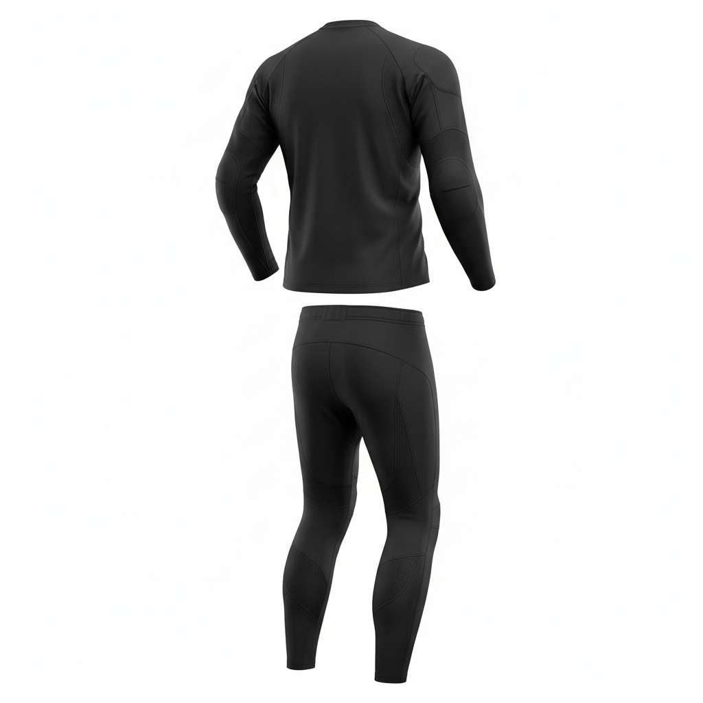 Plain unbranded black thermal cooling motorcycle base-layer set, rear view on white background