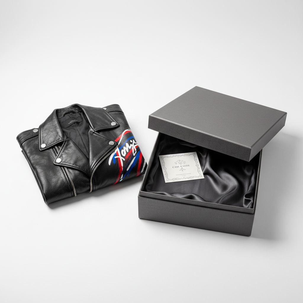 Hand-painted black leather motorcycle jacket with bold signature design artwork, packaging and group shot with premium gift box and care card