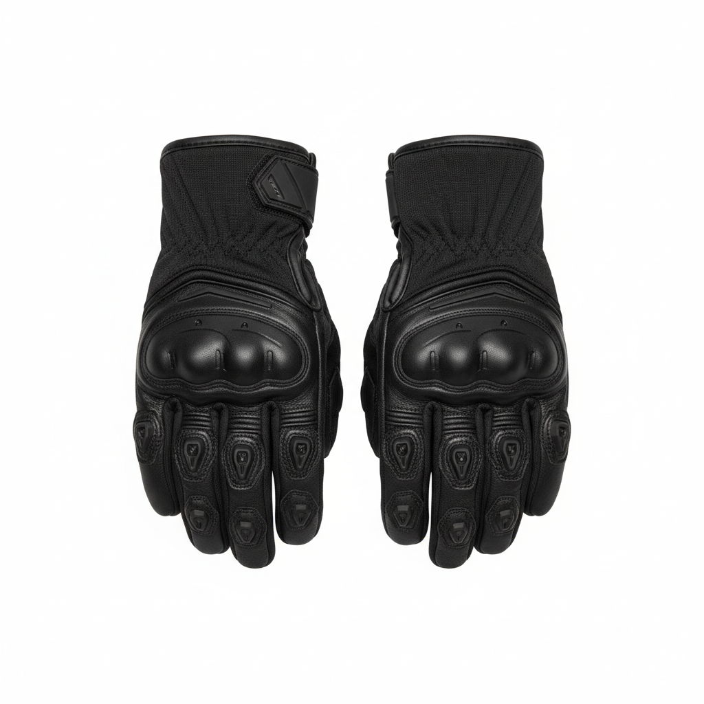 Plain black motorcycle racing gloves, overhead flat lay on white background