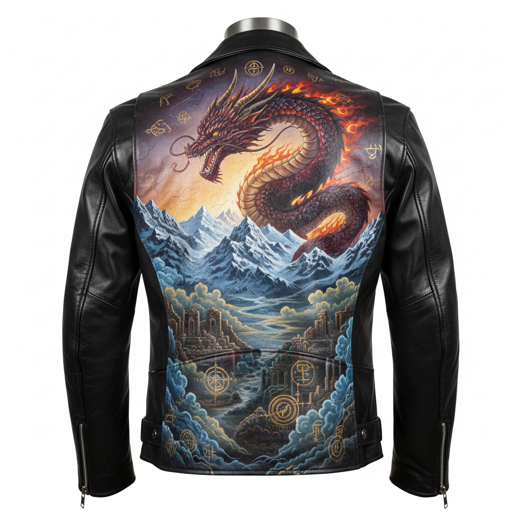 Hand-painted black leather motorcycle jacket with full custom masterpiece artwork, back view on invisible mannequin, elaborate artwork across entire back panel