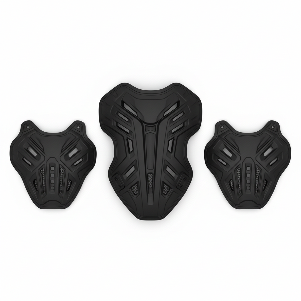 Plain unbranded matte black CE Level 2 motorcycle back and chest armor insert set, overhead flat lay on white background
