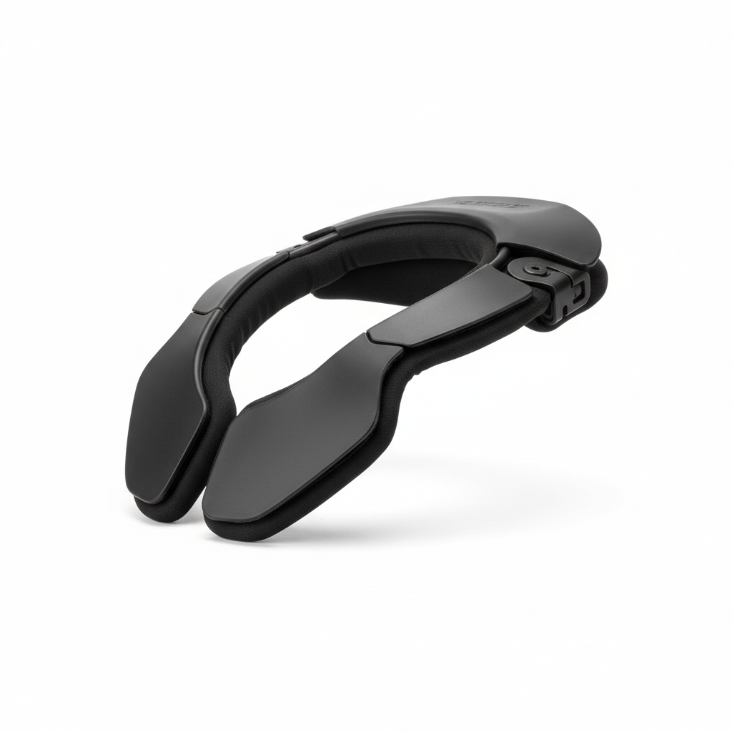 Plain black motorcycle neck brace and collar protector, side view on white background