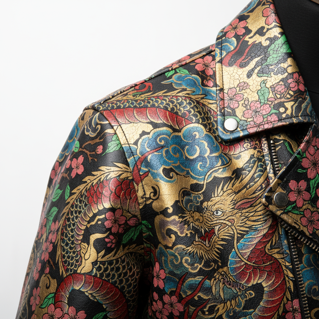 Hand-painted black leather motorcycle jacket with full custom masterpiece artwork, extreme detail close-up showing intricate brush strokes, fine paint detail, and leather grain texture