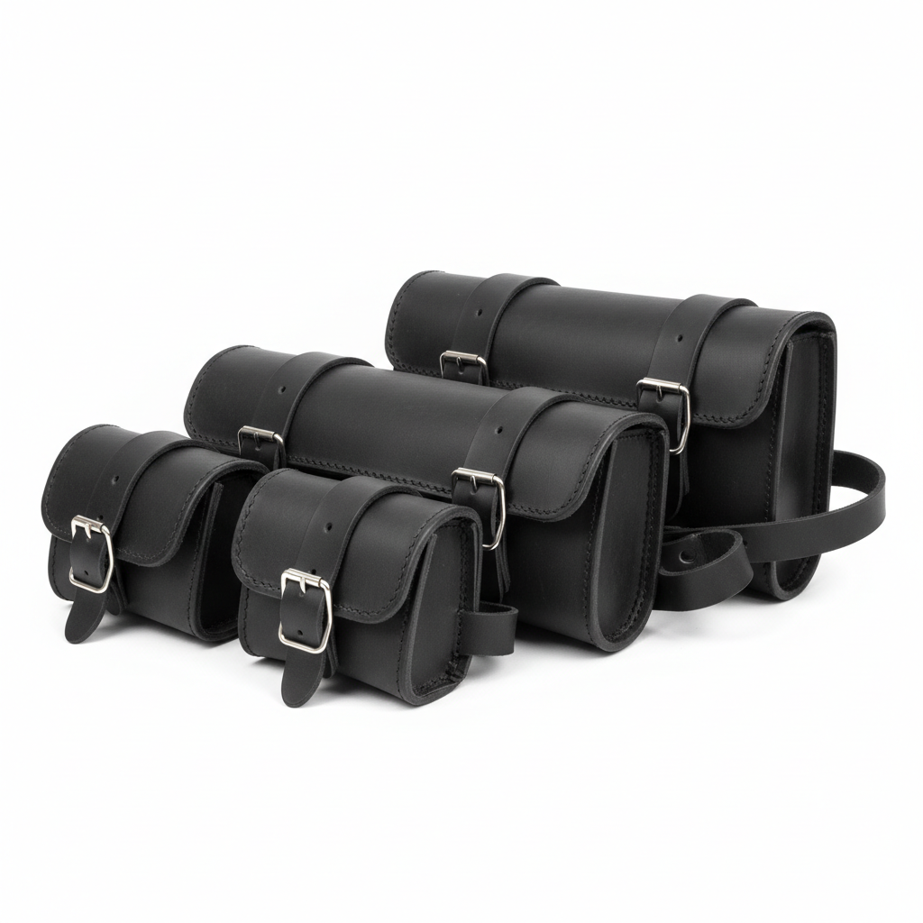 Plain unbranded black leather motorcycle tool rolls and fork bags, three-quarter rear view on white background