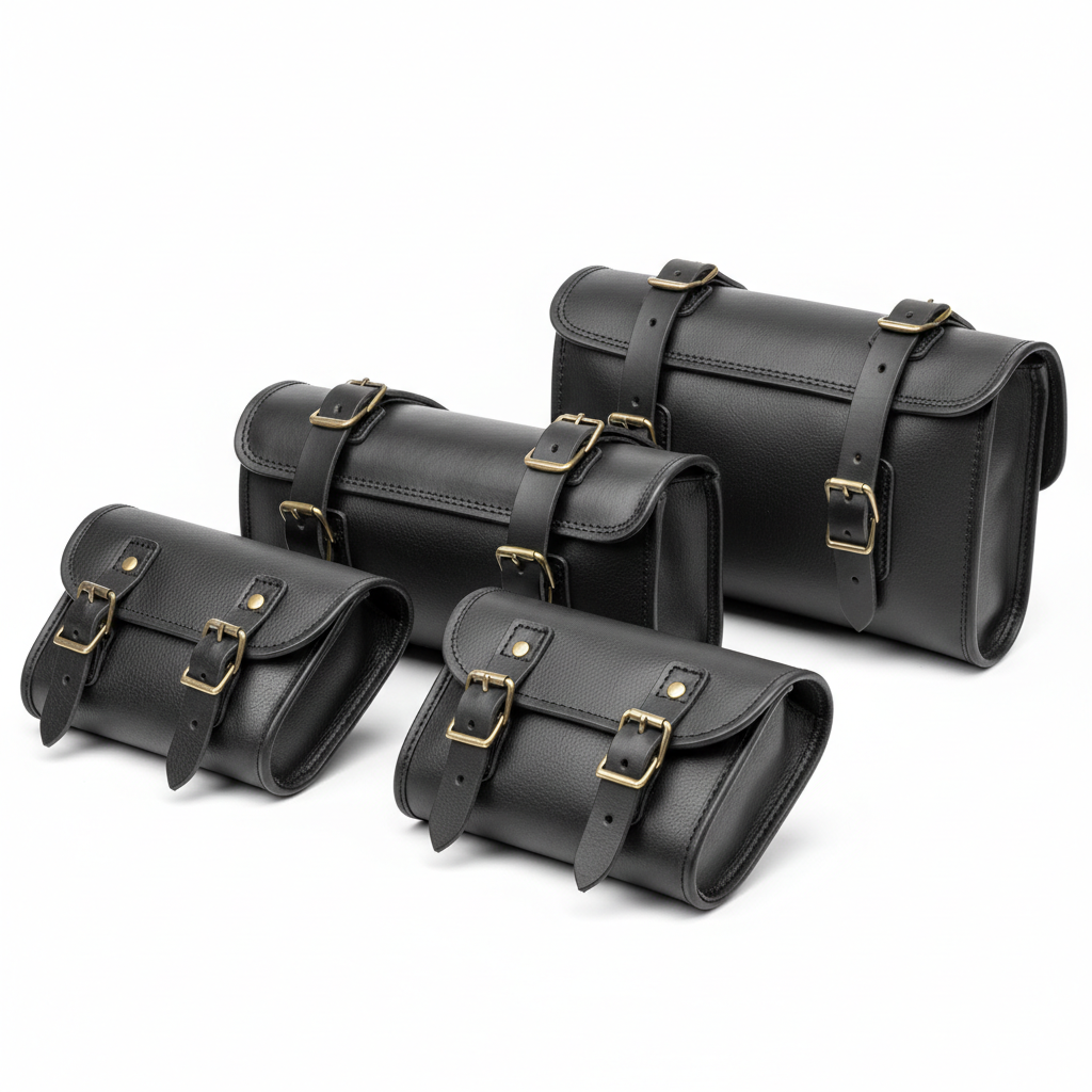 Plain unbranded black leather motorcycle tool rolls and fork bags, rear view on white background