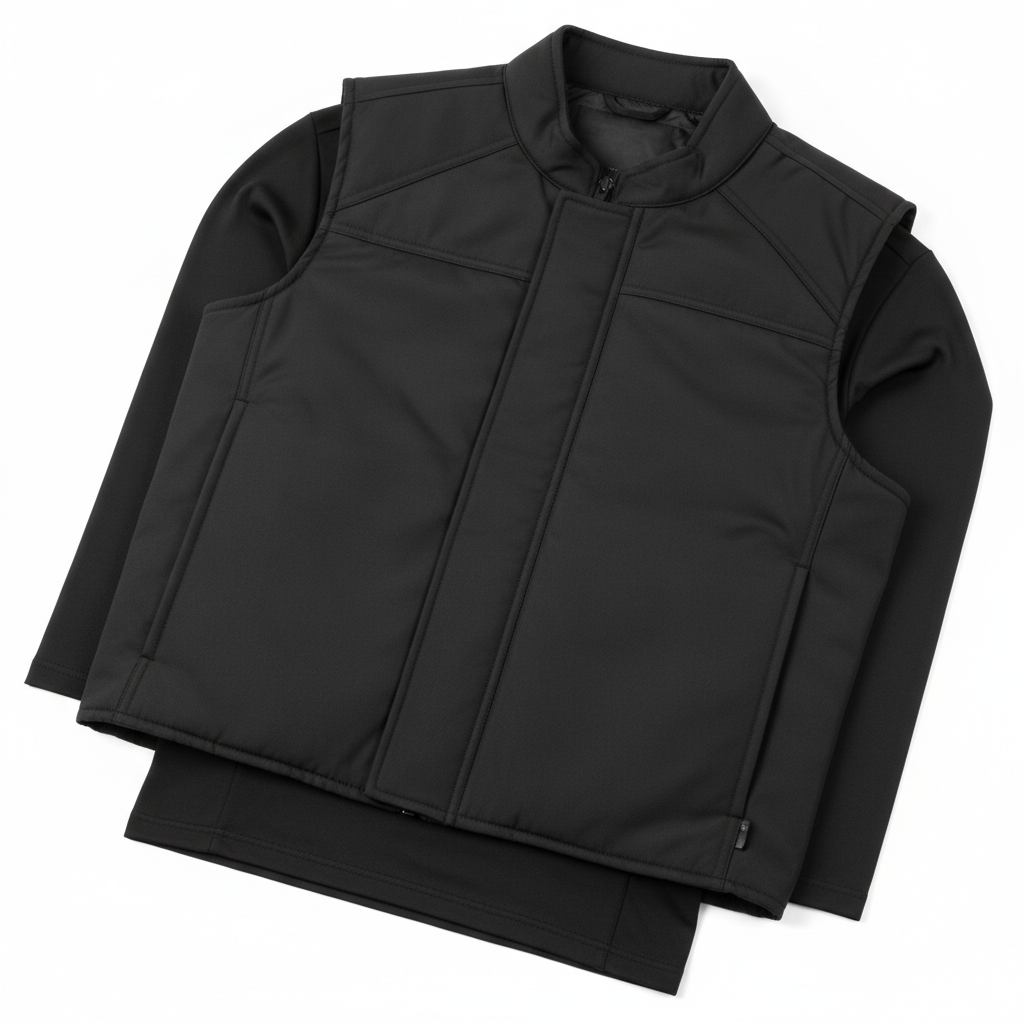 Close-up of plain neckline and hem detail on heated motorcycle riding vest
