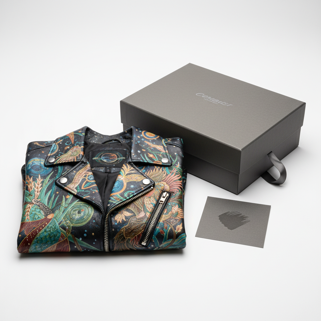 Hand-painted black leather motorcycle jacket with full custom masterpiece artwork, packaging and group shot with premium gift box and care card