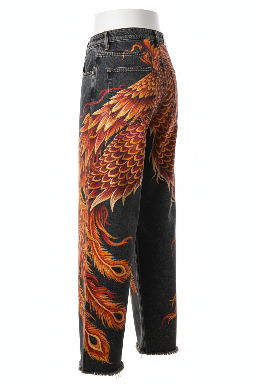 Hand-Painted Baggy Jeans Full Custom Masterpiece - Phoenix & Dragon Side View