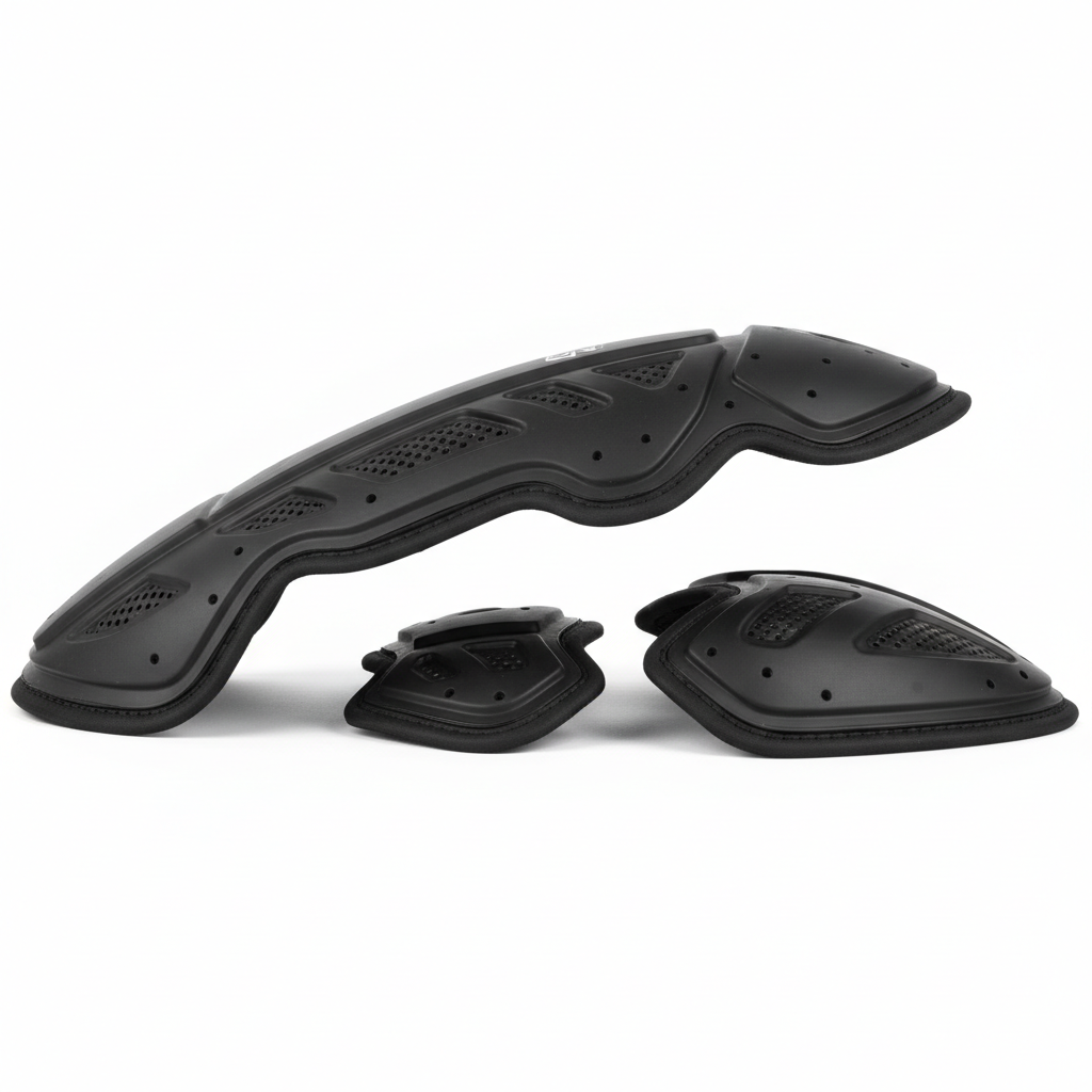 Plain unbranded matte black CE Level 2 motorcycle back and chest armor insert set, side view on white background