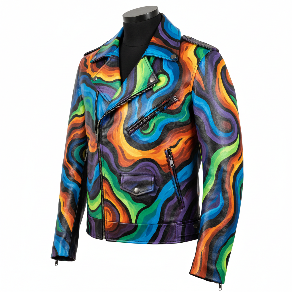 Hand-painted black leather motorcycle jacket with bold signature design artwork, 3/4 front view showing depth and dimension with bold artwork on chest, shoulder, and sleeve