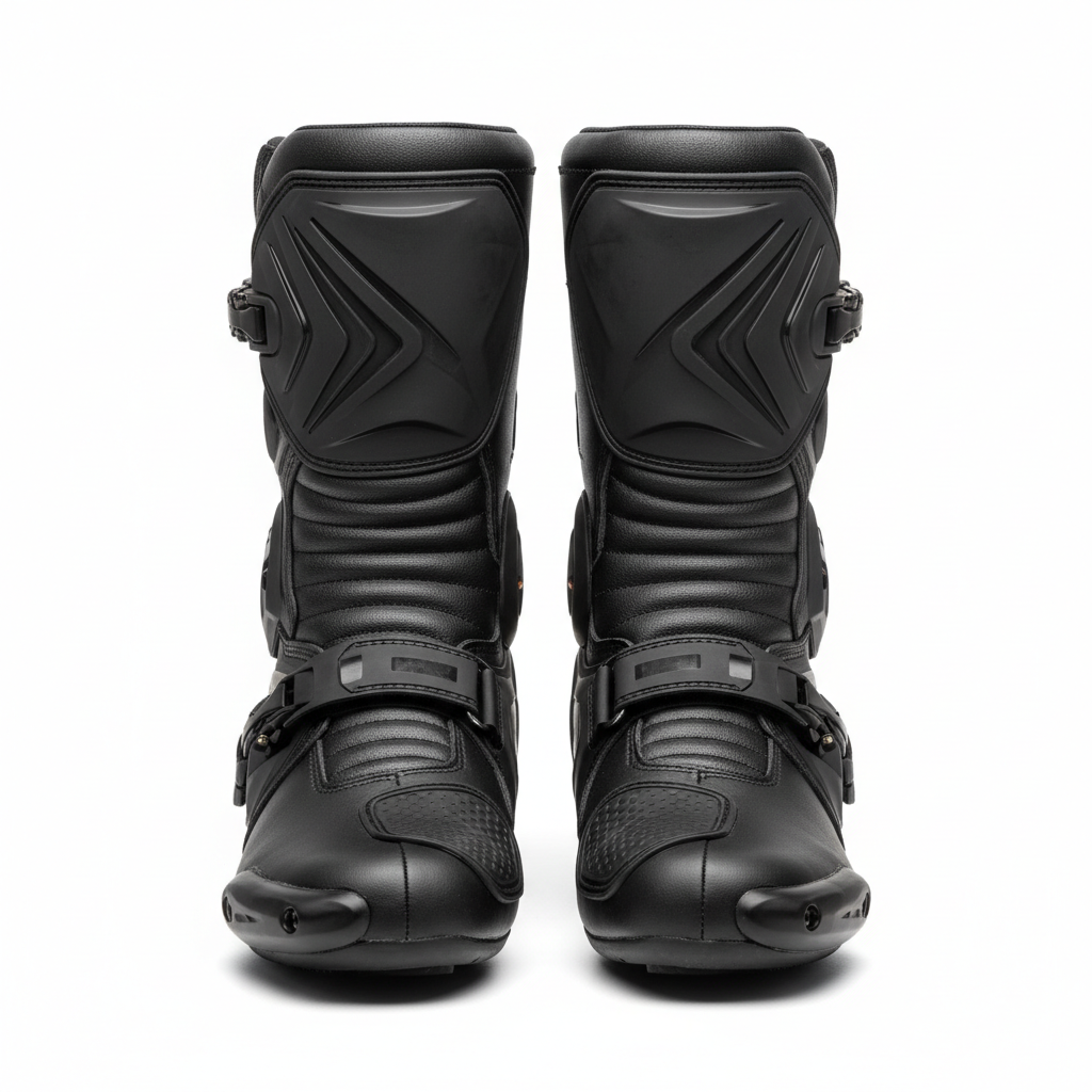 Plain black motorcycle racing boots, front view on white background