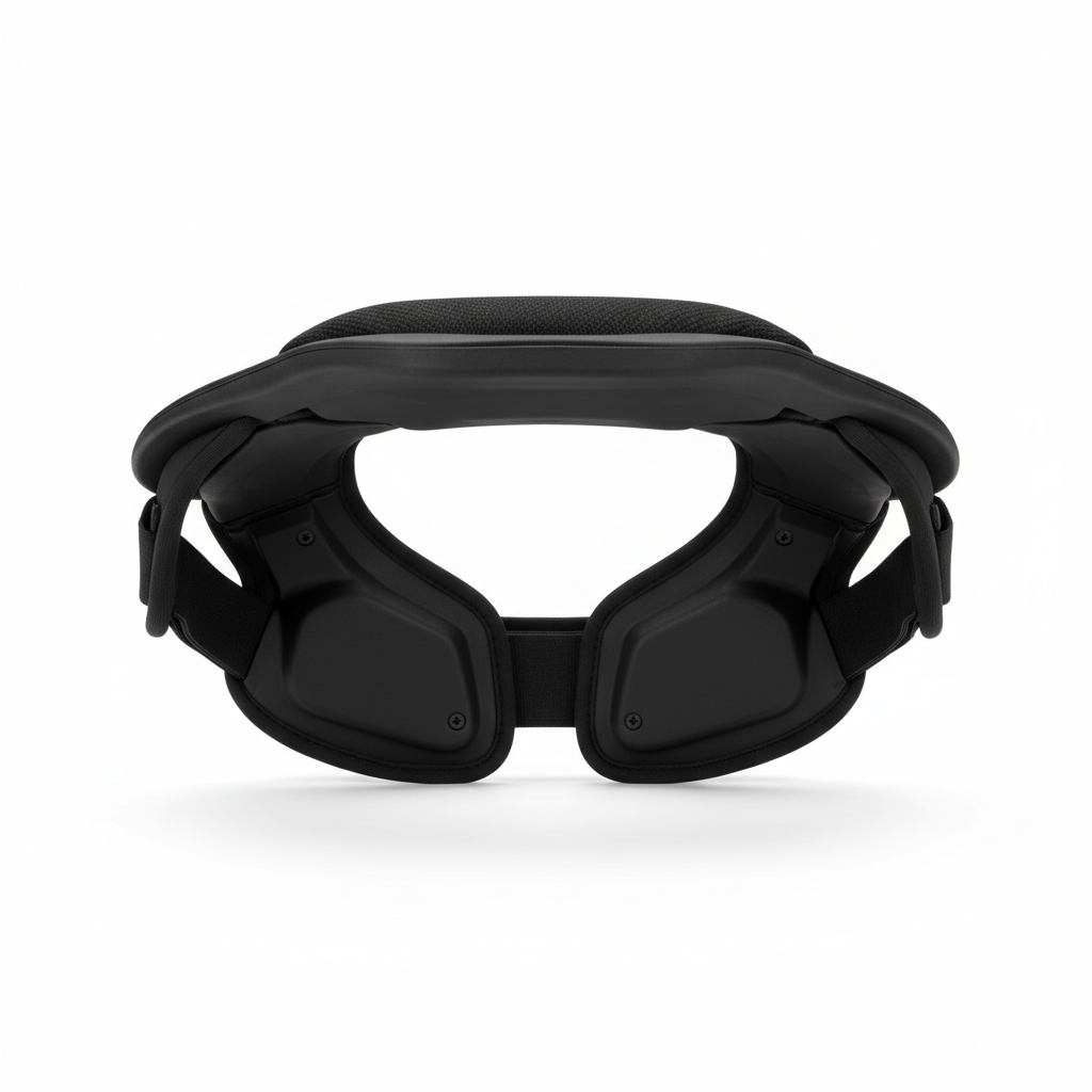 Plain black motorcycle neck brace and collar protector, rear view on white background