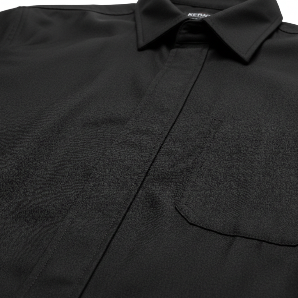 Close-up of plain black textile weave and seam detail on Kevlar motorcycle riding flannel