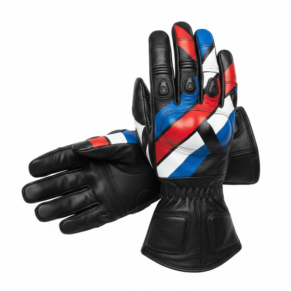Black leather motorcycle gloves with hand-painted red white and cobalt-blue abstract artwork, side view on white background