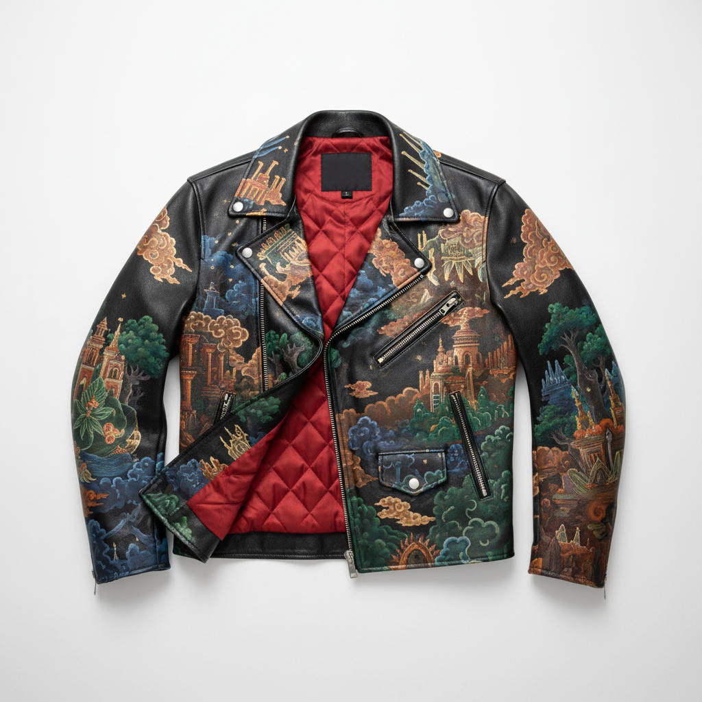 Hand-painted black leather motorcycle jacket with full custom masterpiece artwork, flat lay view showing full elaborate artwork and interior lining
