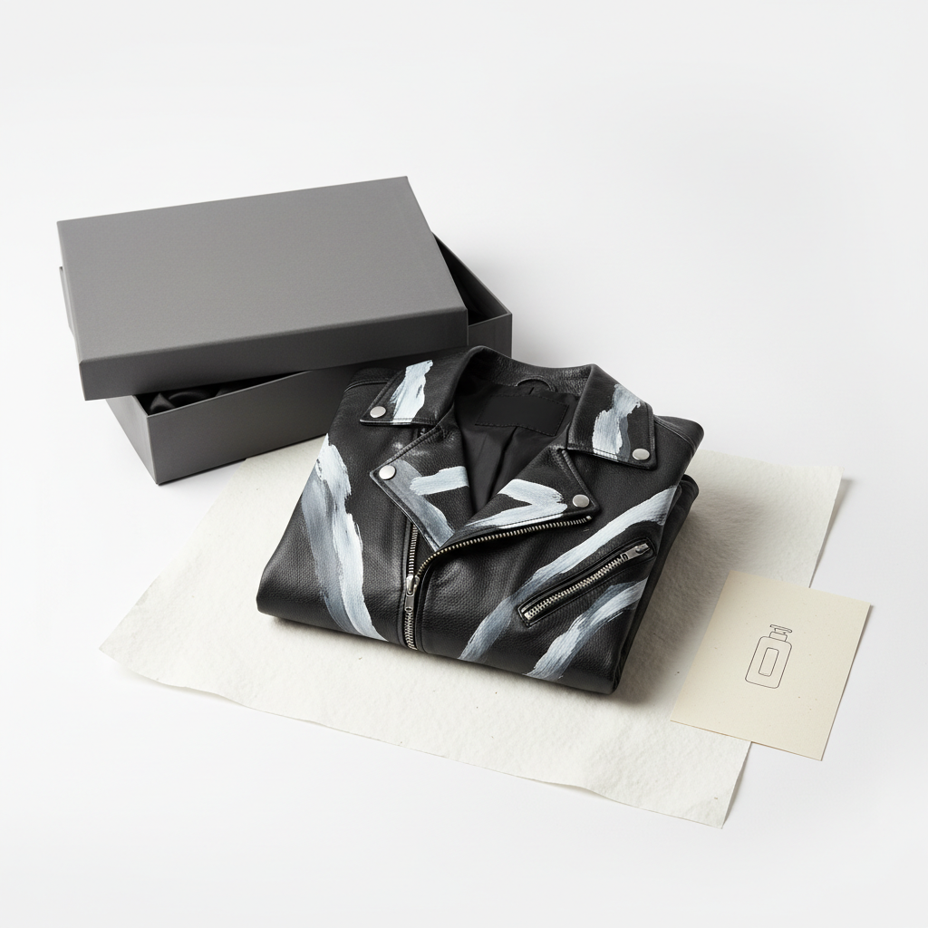 Hand-painted black leather motorcycle jacket, packaging and group shot with premium gift box and care card