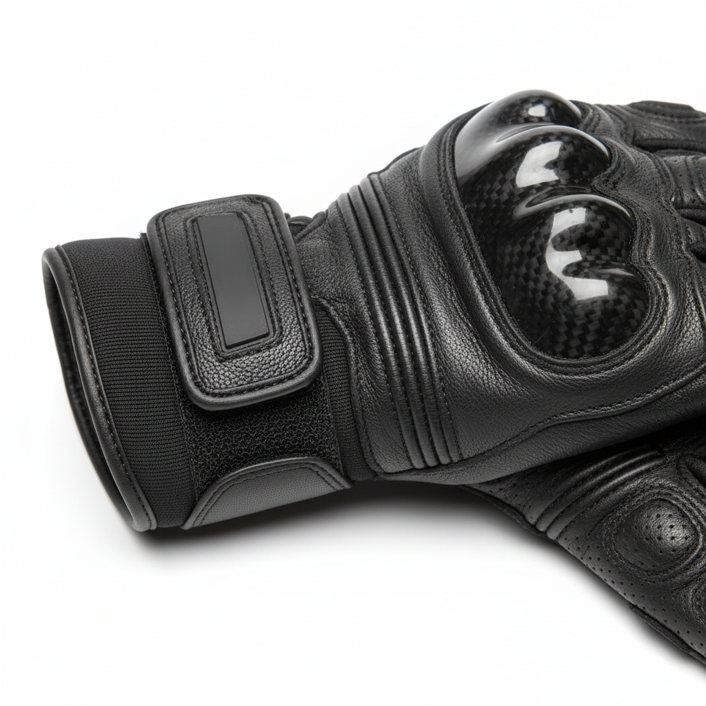 Close-up of plain black cuff fastening and protective detail on motorcycle racing gloves