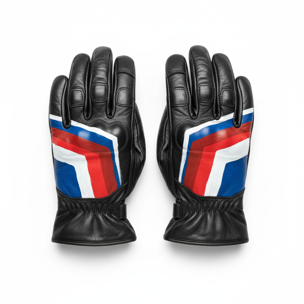 Black leather motorcycle gloves with hand-painted red white and cobalt-blue abstract artwork, front view on white background
