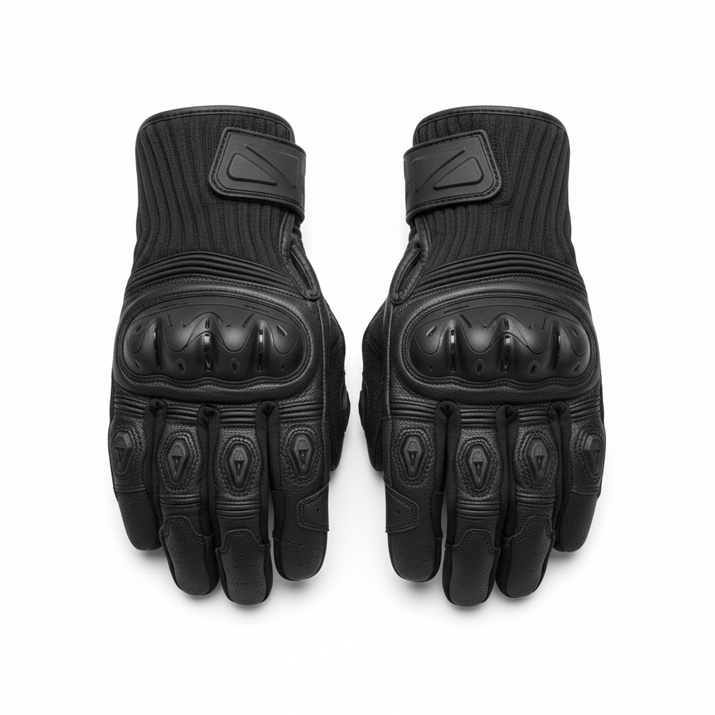Plain black motorcycle racing gloves, front view on white background
