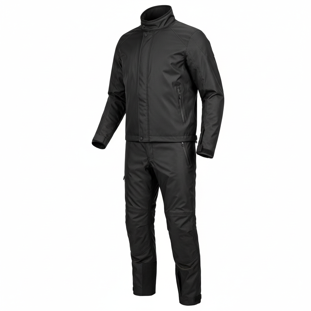 Plain unbranded black waterproof motorcycle over-jacket and trousers set, three-quarter front view on white background