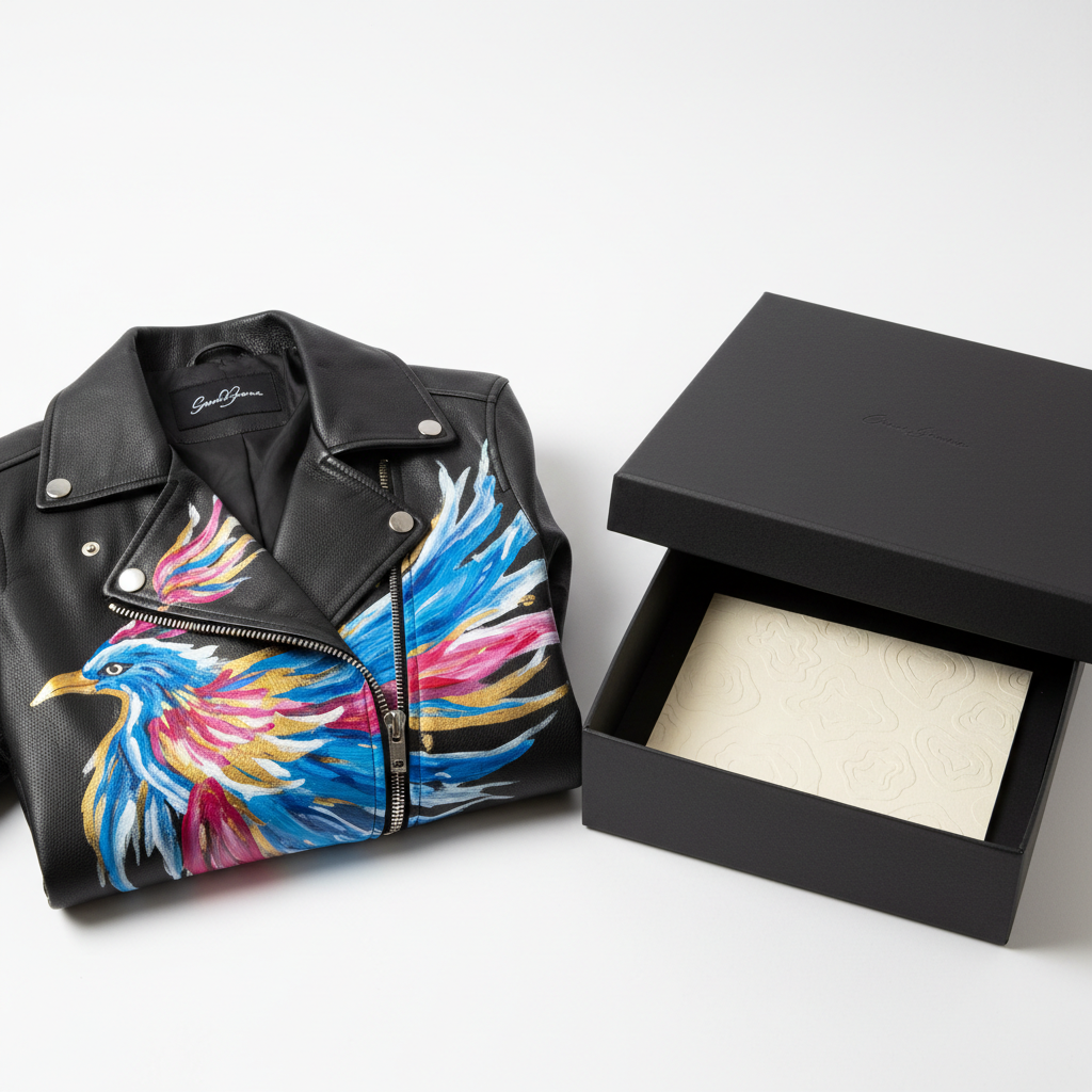 Hand-painted women's black leather motorcycle jacket with bold signature design artwork, packaging and group shot with premium gift box and care card
