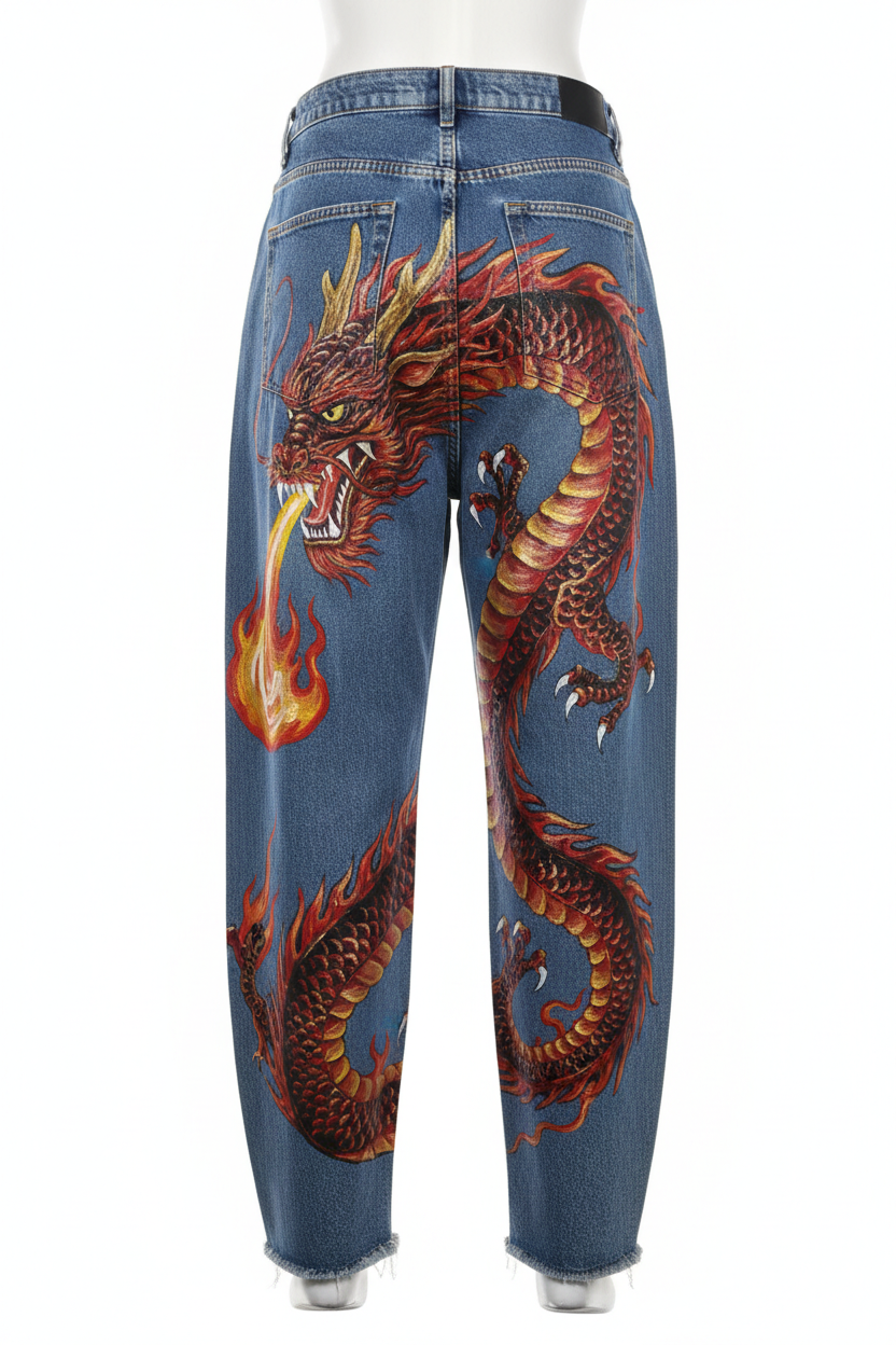 Hand-Painted Baggy Jeans Full Custom Masterpiece - Dragon Back View