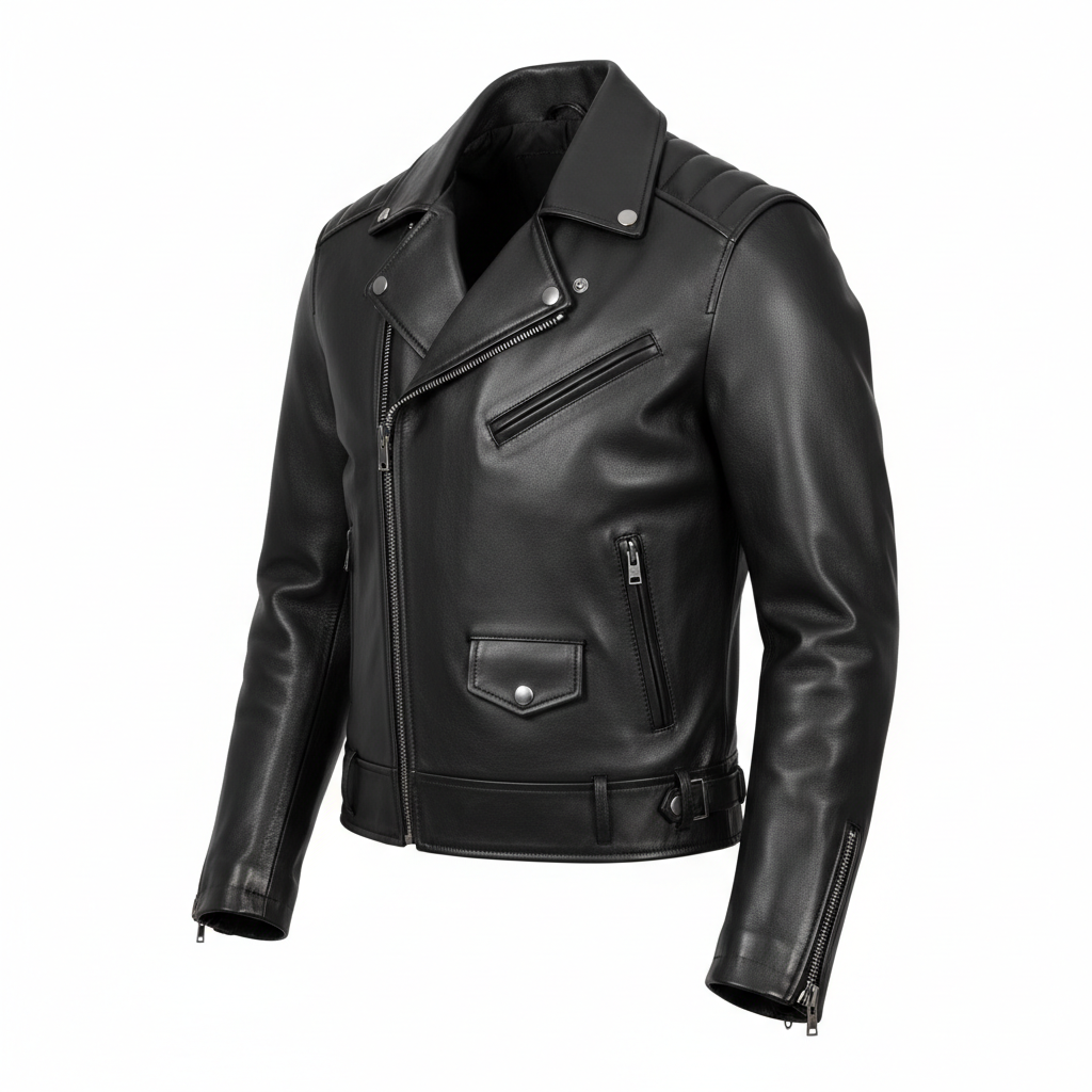 Blank unpainted black leather motorcycle jacket before hand-painting, shown in studio product photography