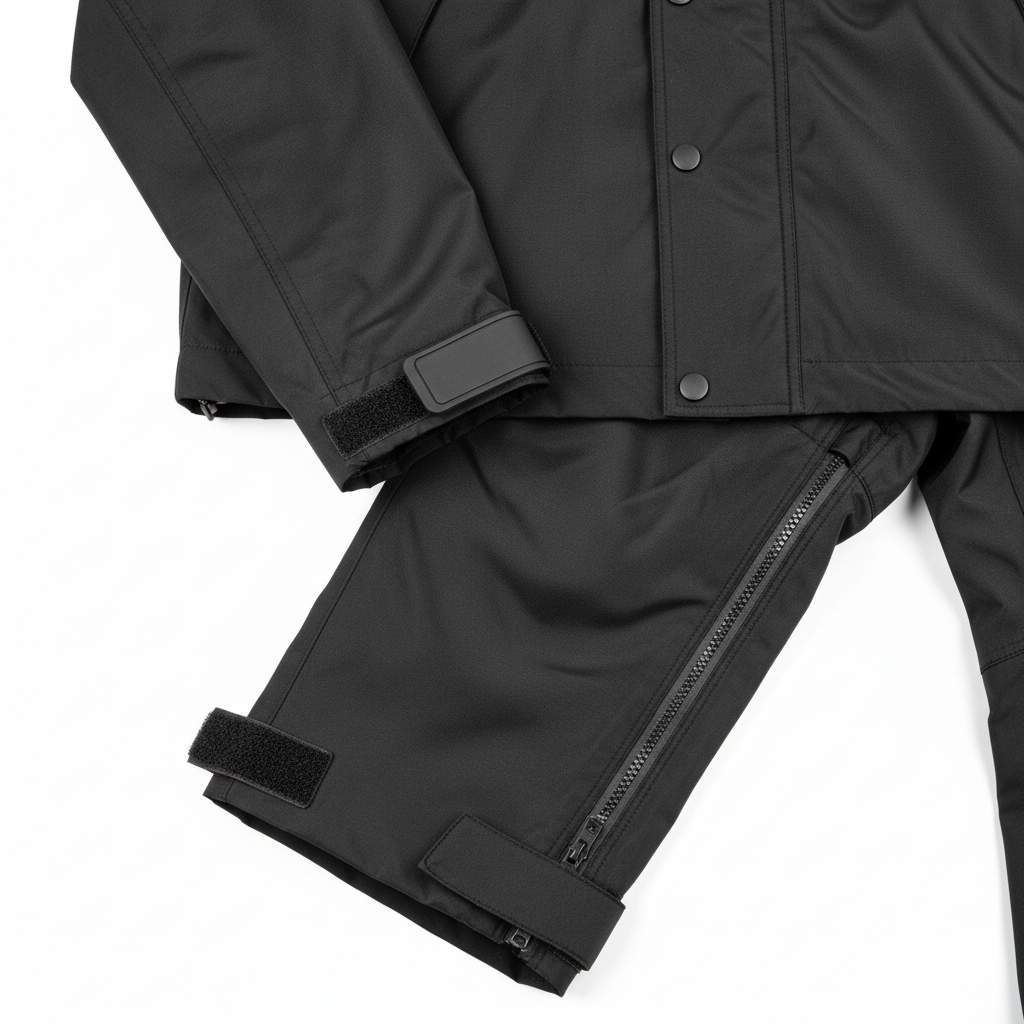 Close-up of plain unbranded black waterproof over-suit cuff, storm flap, zipper, and ankle closure detail