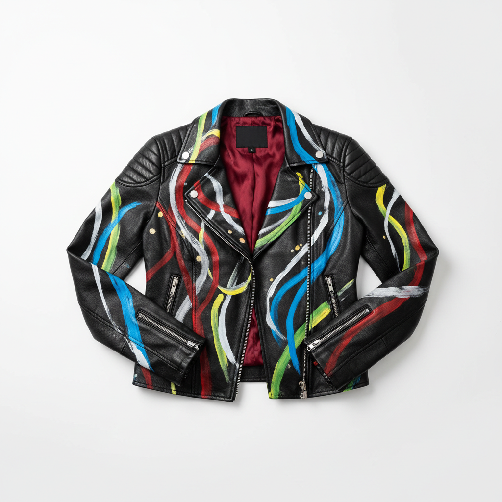 Hand-painted women's black leather motorcycle jacket with bold signature design artwork, flat lay view showing full bold artwork and interior lining