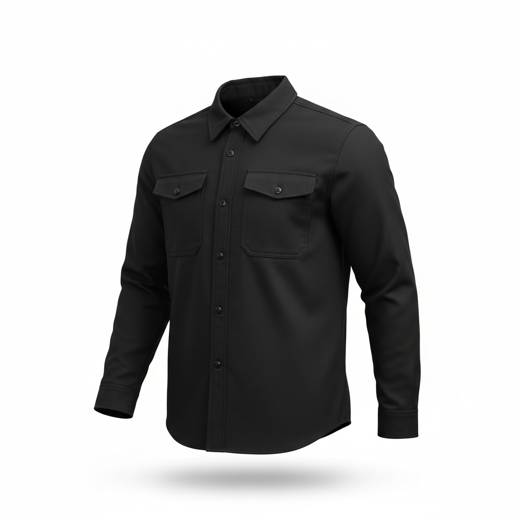 Plain black Kevlar motorcycle riding flannel and casual protective overshirt, three-quarter rear view on white background