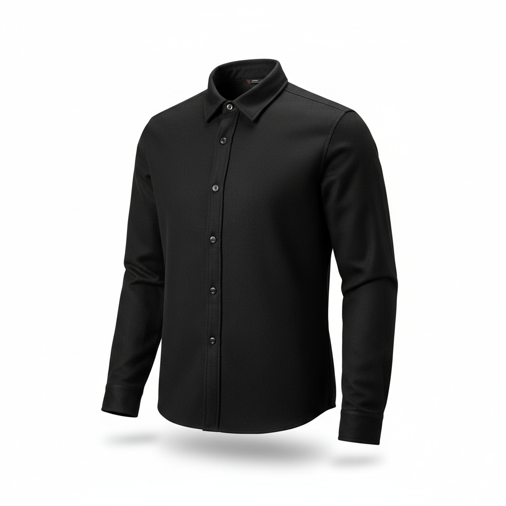 Plain black Kevlar motorcycle riding flannel and casual protective overshirt, three-quarter front view on white background
