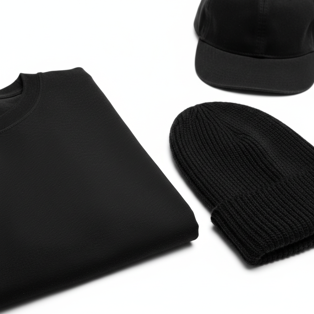 Close-up of plain unbranded black cotton jersey, knit beanie rib, and cap fabric textures