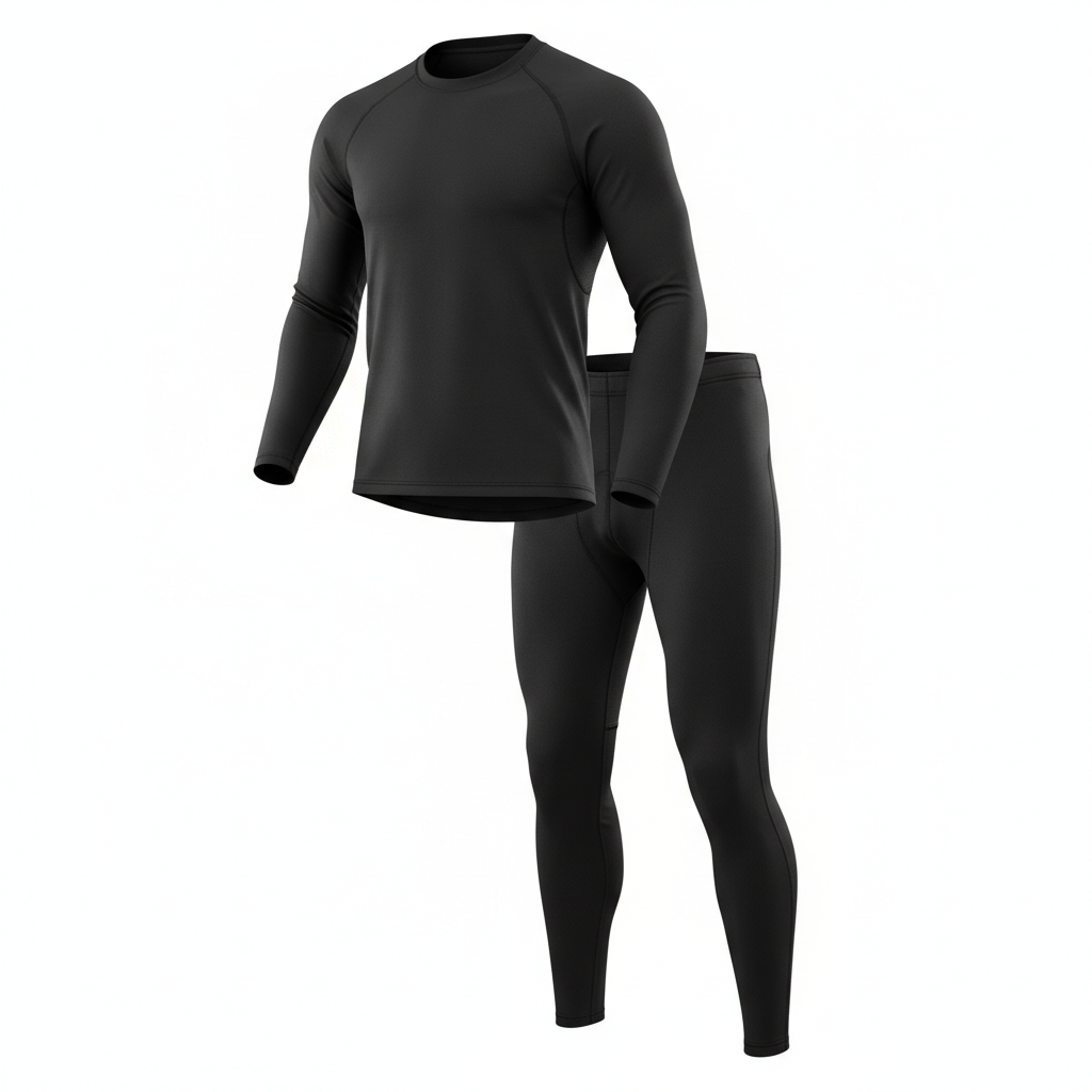 Plain unbranded black thermal cooling motorcycle base-layer set, three-quarter front view on white background