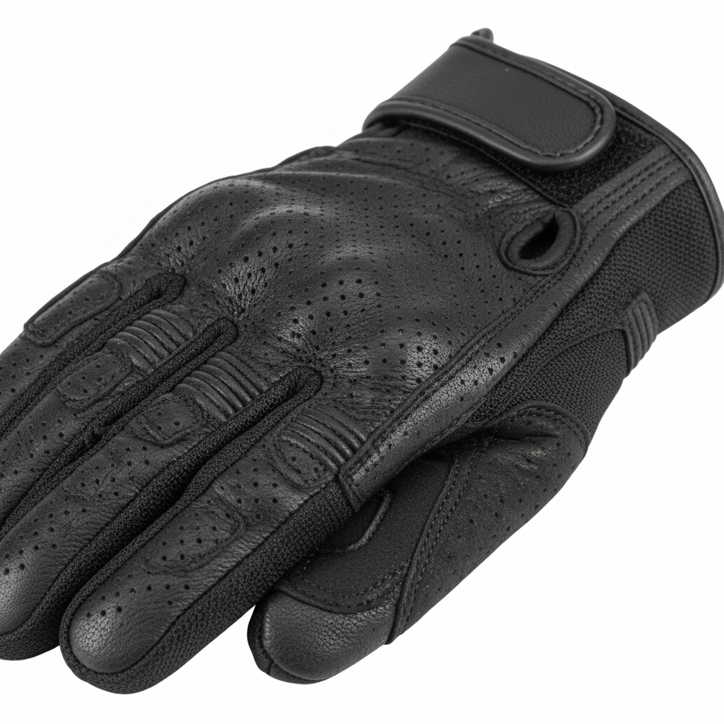 Close-up of plain unbranded black perforated motorcycle glove material, reinforced palm panel, and seam detail