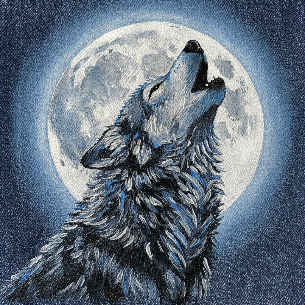 Hand-Painted Casual Denim Jacket Detailed Artwork - Wolf Detail Close-Up