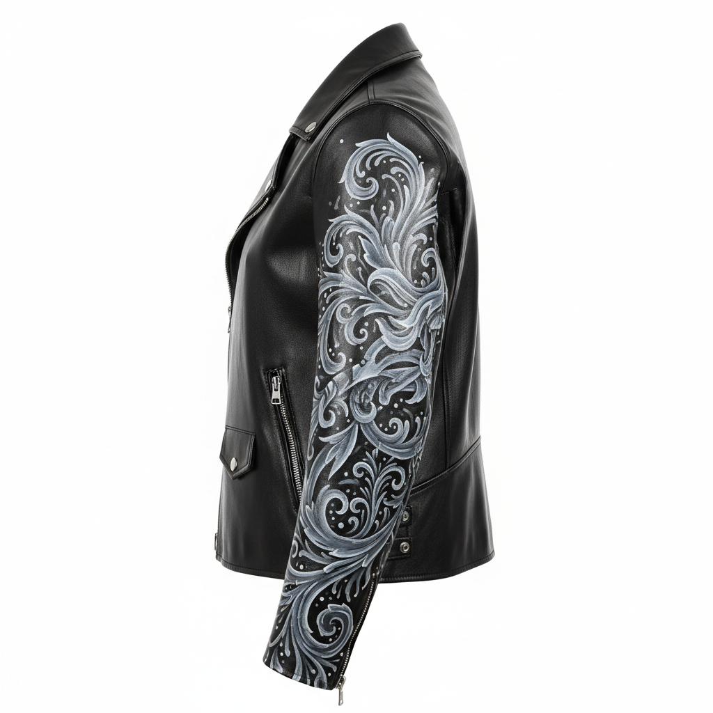 Hand-painted black leather motorcycle jacket, side profile view showing sleeve detail and side panel artwork
