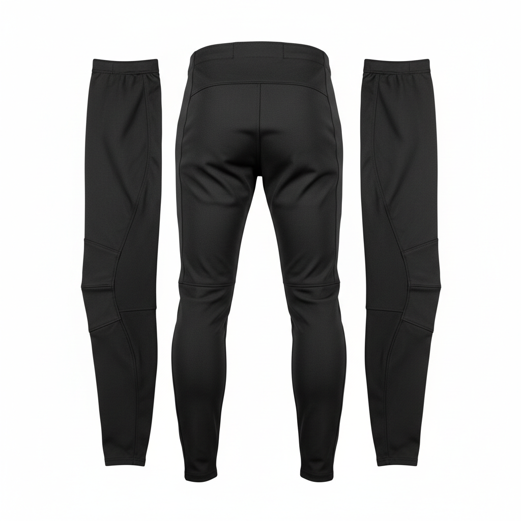 Plain black heated motorcycle riding pants and liner, rear view on white background
