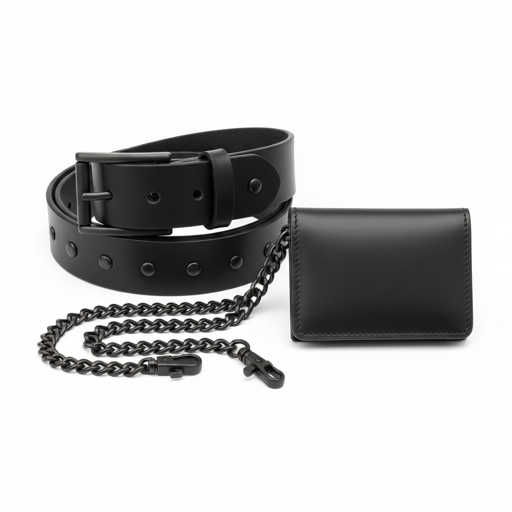 Plain unbranded black heavy-duty leather motorcycle riding belt and matching chain wallet, front view on white background