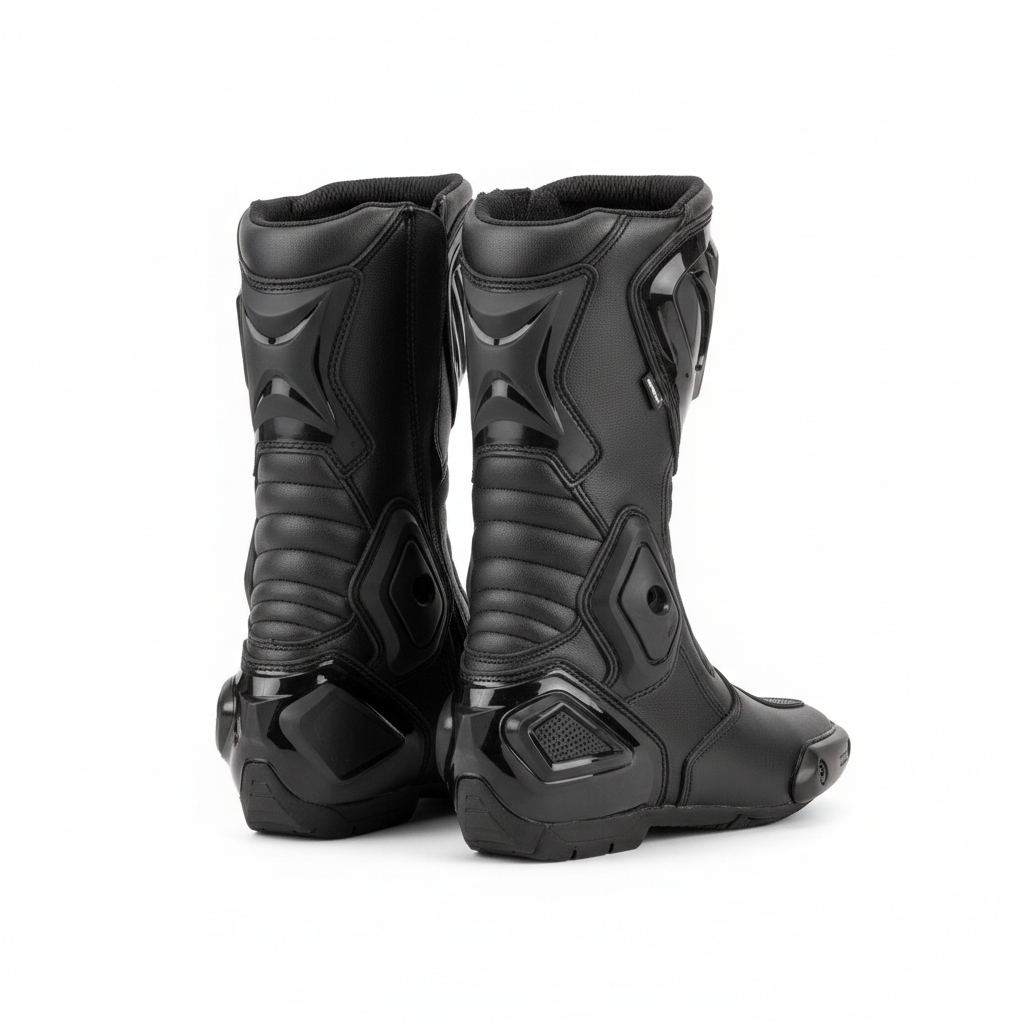 Plain black motorcycle racing boots, three-quarter rear view on white background
