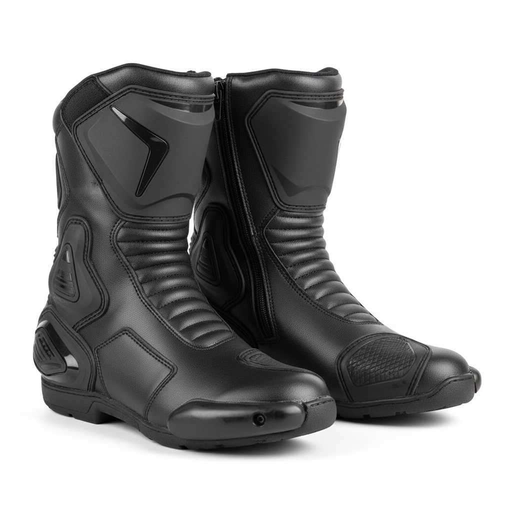Plain black motorcycle racing boots, three-quarter front view on white background