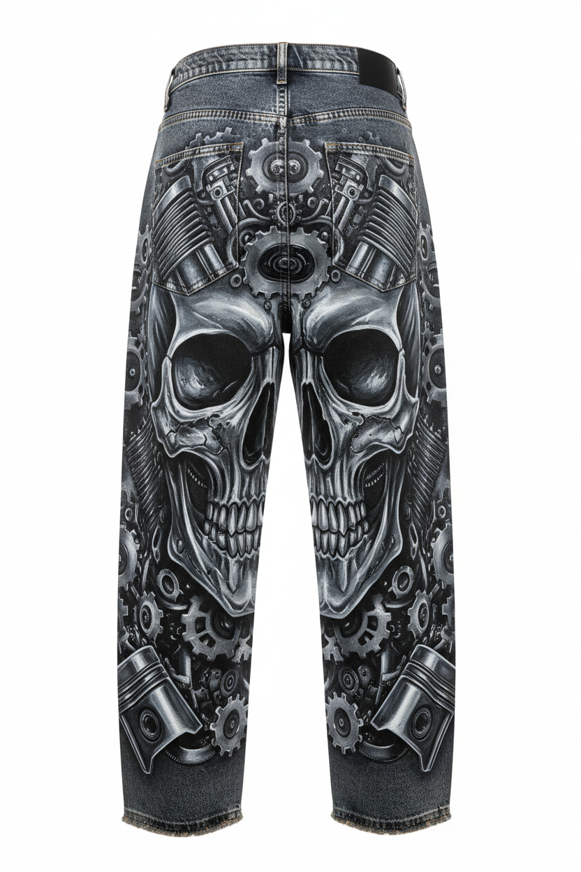 Hand-Painted Baggy Jeans Detailed Artwork - Biomech Skull Back View
