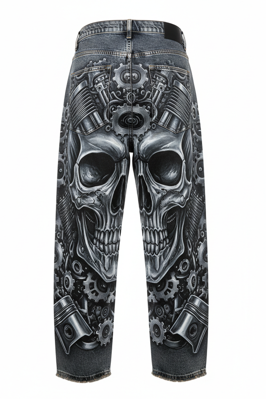Hand-Painted Baggy Jeans Detailed Artwork - Biomech Skull Back View