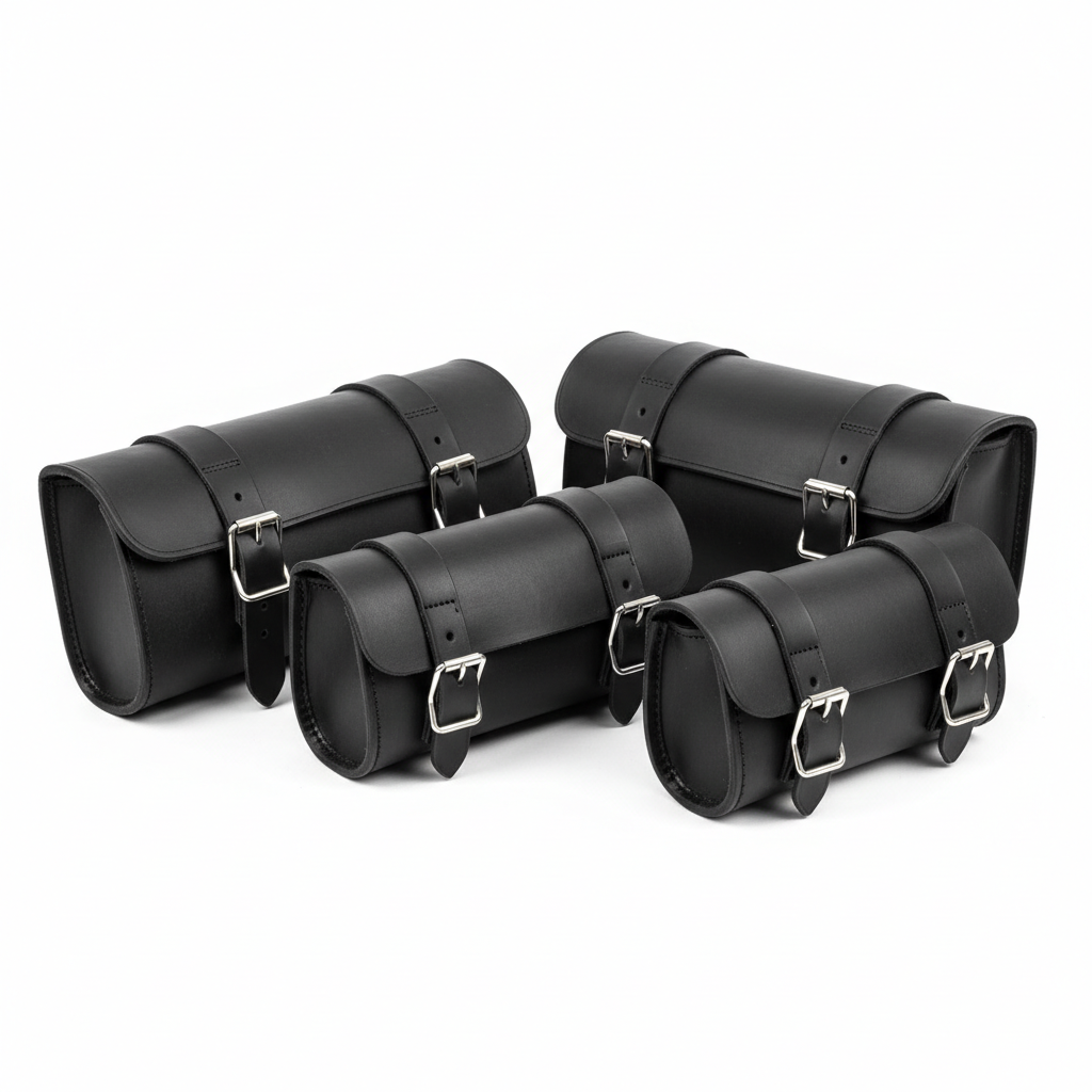 Plain unbranded black leather motorcycle tool rolls and fork bags, three-quarter front view on white background