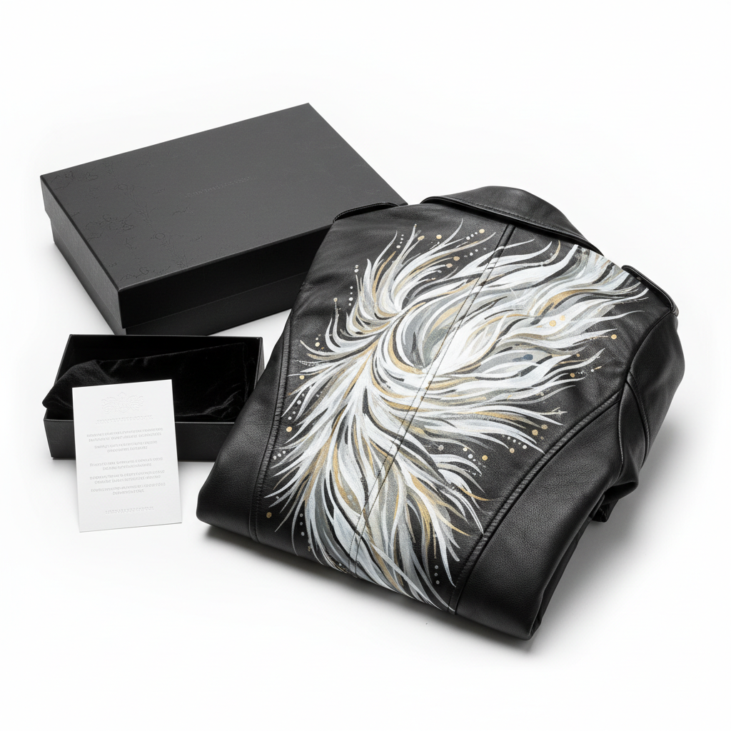Hand-painted women's black leather motorcycle jacket with signature design, packaging and group shot with premium gift box and care card