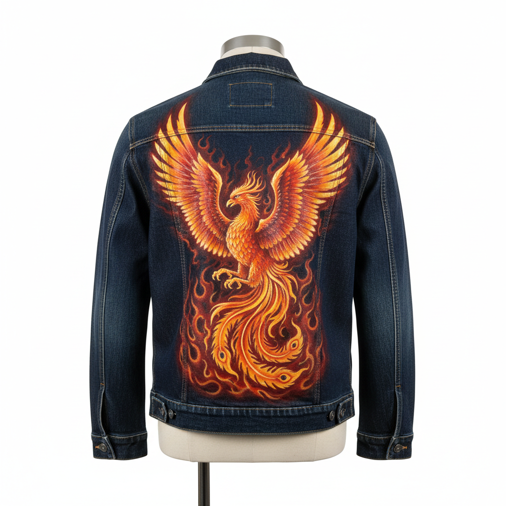 Hand-Painted Casual Denim Jacket Signature Design - Fire Phoenix Back View
